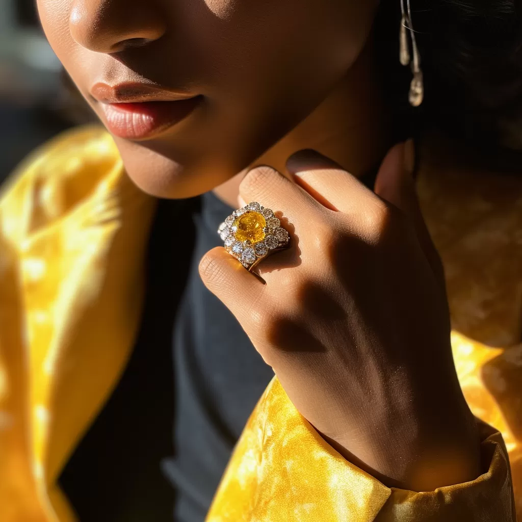 Person wearing yellow Diamonds and a yellow Sapphire crystal for daily wear jewelry pieces