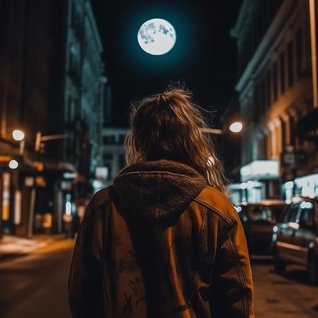 A person outside looking at the full moon at night.