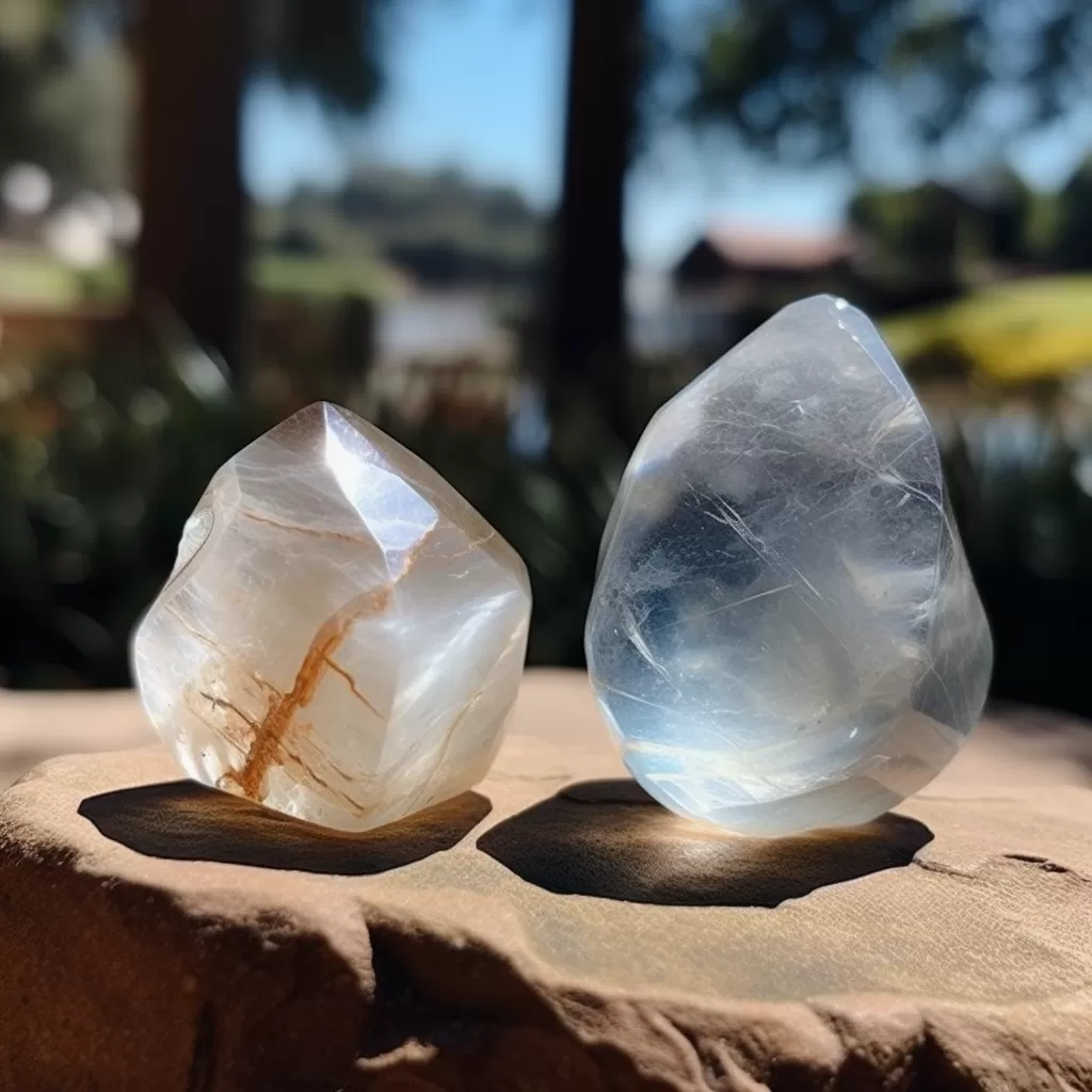 Moon Crystals: Selenite and Moonstone next to each other outside