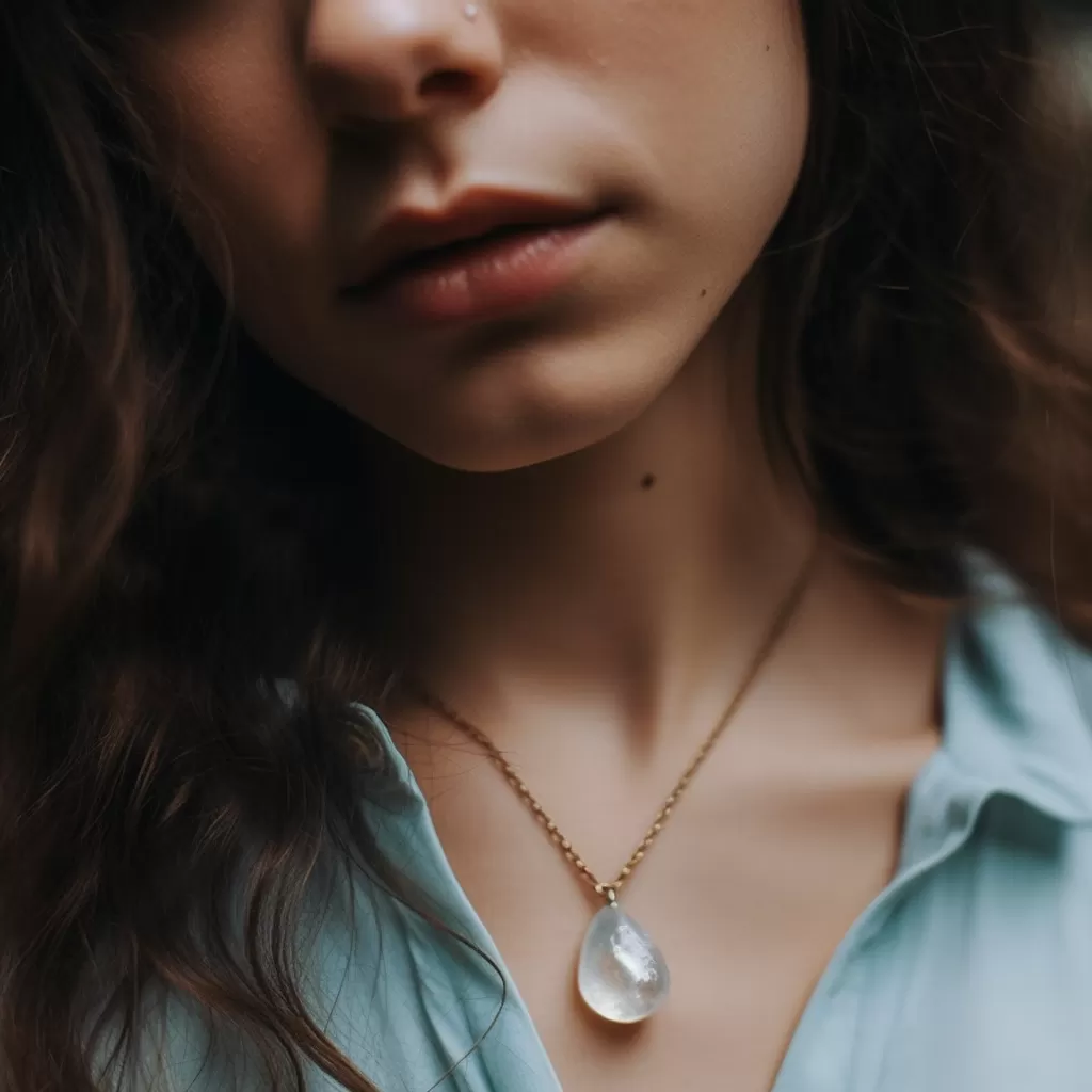 Person wearing a moonstone necklace, closeup