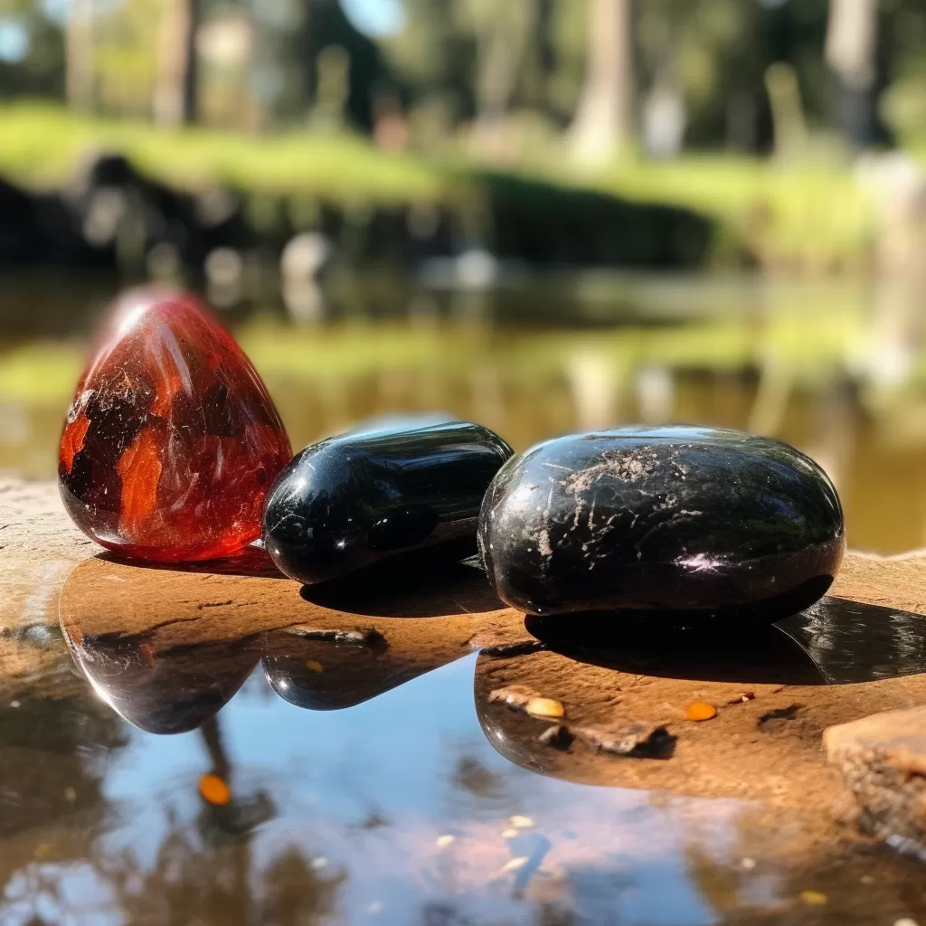 Root Chakra Crystals: Black Tourmaline, Smoky Quartz and Red Jasper next to each other.