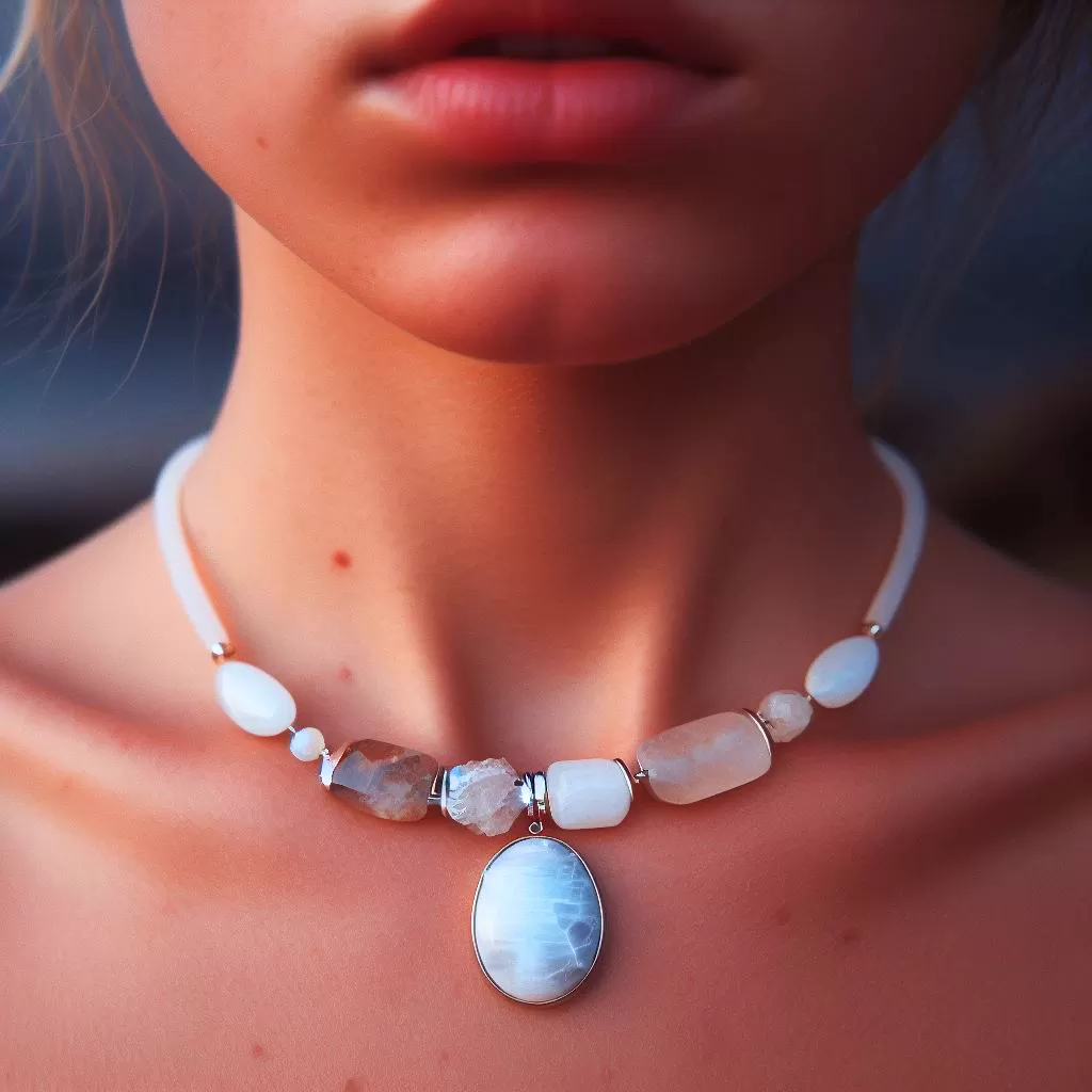 Crown Chakra Crystals: Close-up of a person wearing a Moonstone and White Agate necklace