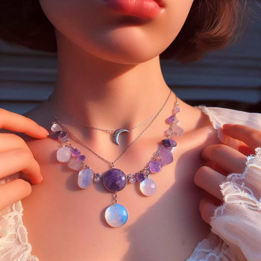 Best Crystals for Aquarius: Close up photo of person wearing Amethyst and Rainbow Moonstone necklace.