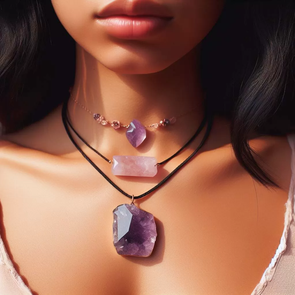 Crystals for Depression: Person wearing an Amethyst and Rose Quartz necklace