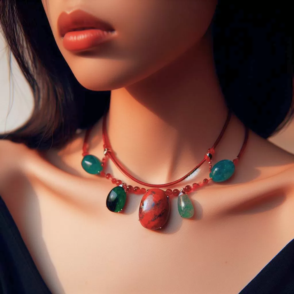 Person wearing Red Jasper and Emerald necklace for stones for patience