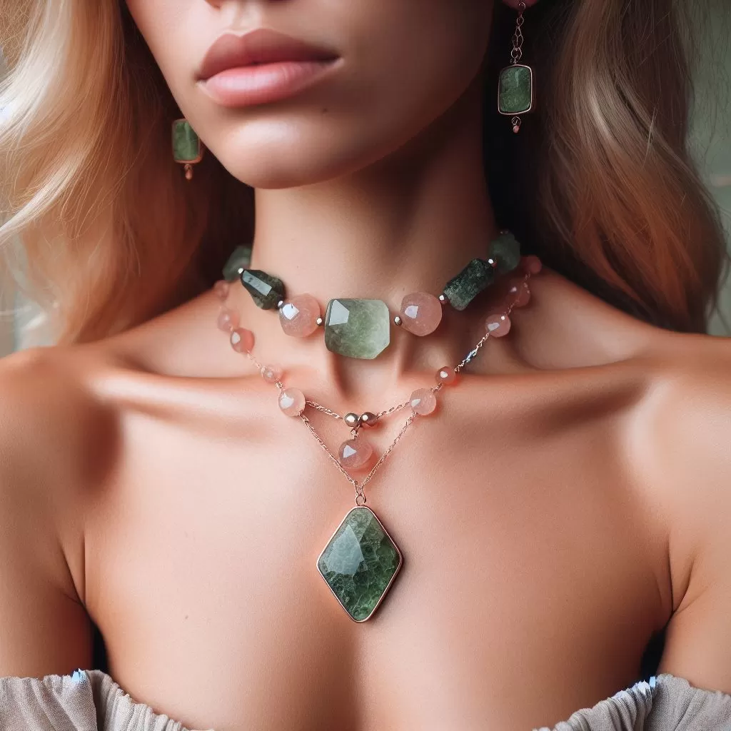 Heart Chakra Stones: Person wearing Rose Quartz and Green Moldavite necklace and earrings