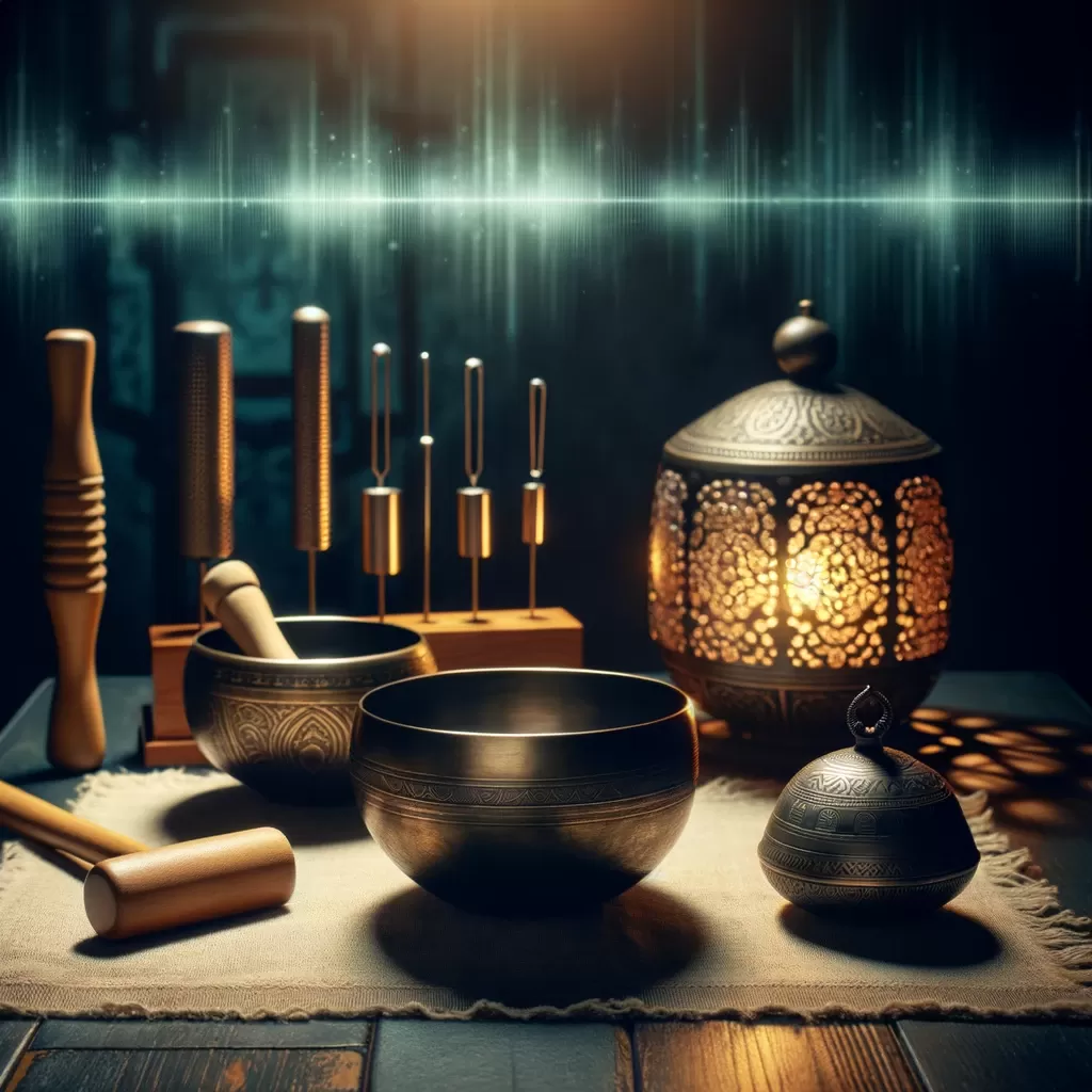 Prominent singing bowl amidst sound cleansing instruments in an ambient setting, with sage and stones in a bowl, representing traditional cleansing techniques.
