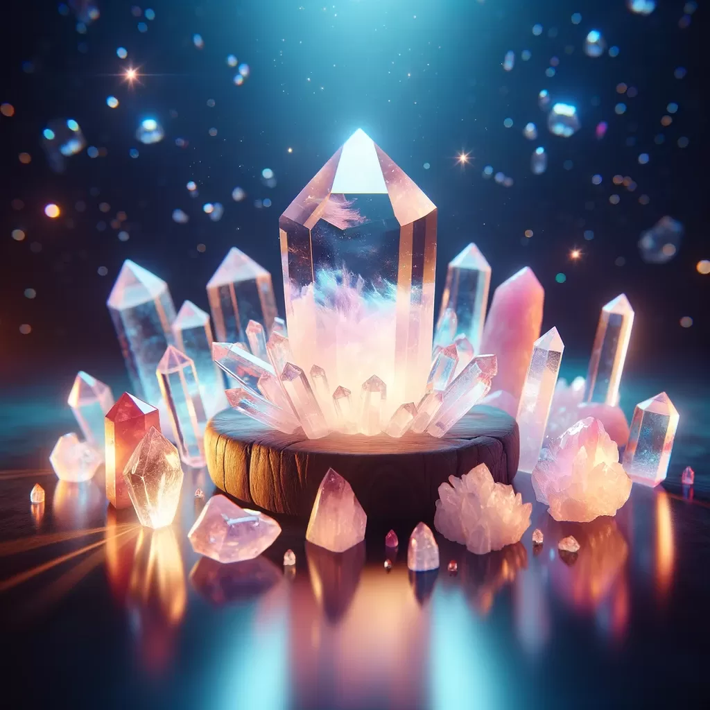 Luminous quartz crystal centering a radiant display, surrounded by stones, signifying the traditional method of using one stone to increase and cleanse others.