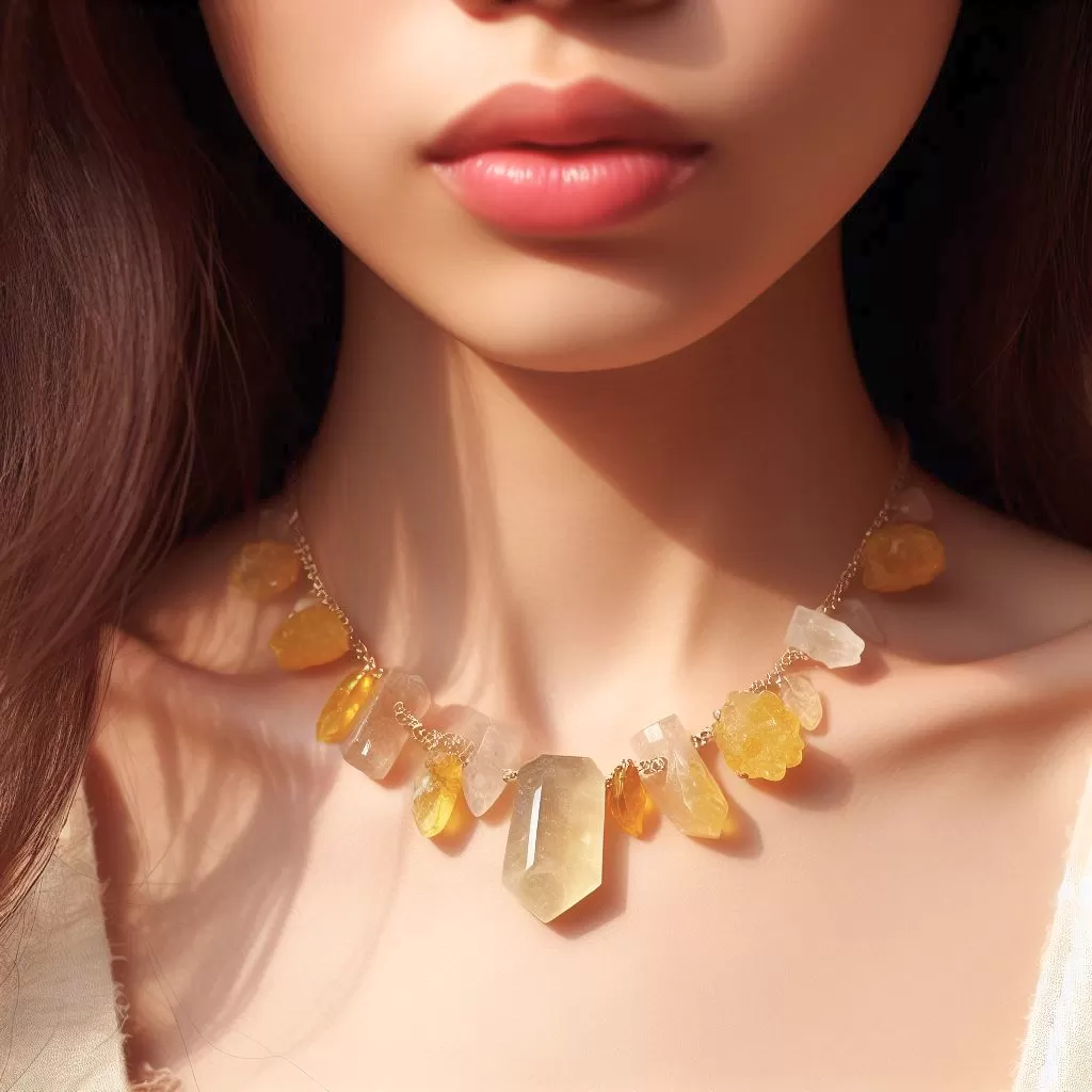 Person wearing Citrine and Yellow Calcite necklace for solar plexus healing