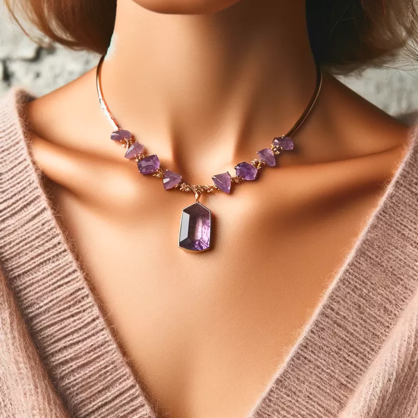 Close-up photo of a person wearing Amethyst crystals.