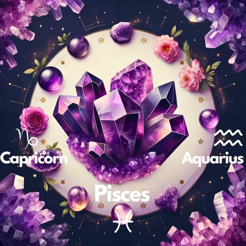 Image showcasing Pisces, Capricorn, Aquarius on amethyst Background.