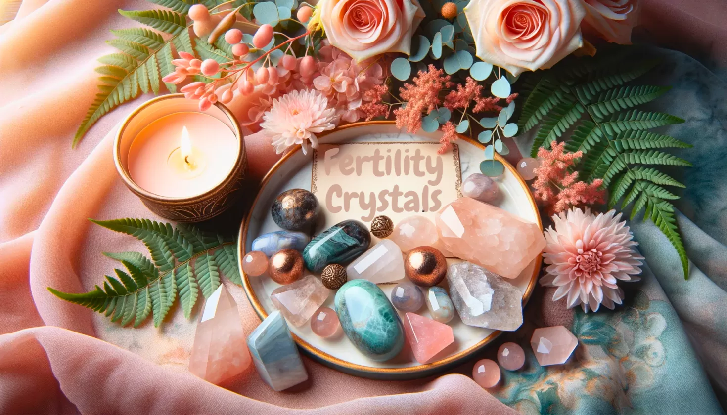 Artistic arrangement of crystals for fertility, symbolizing growth, nurturing, and natural blossoming