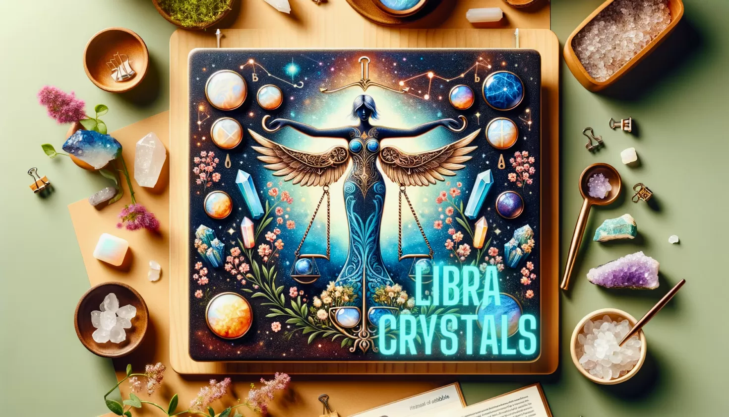 Collection of healing crystals for Libra including opal and sapphire, with symbolic scales and constellation imagery