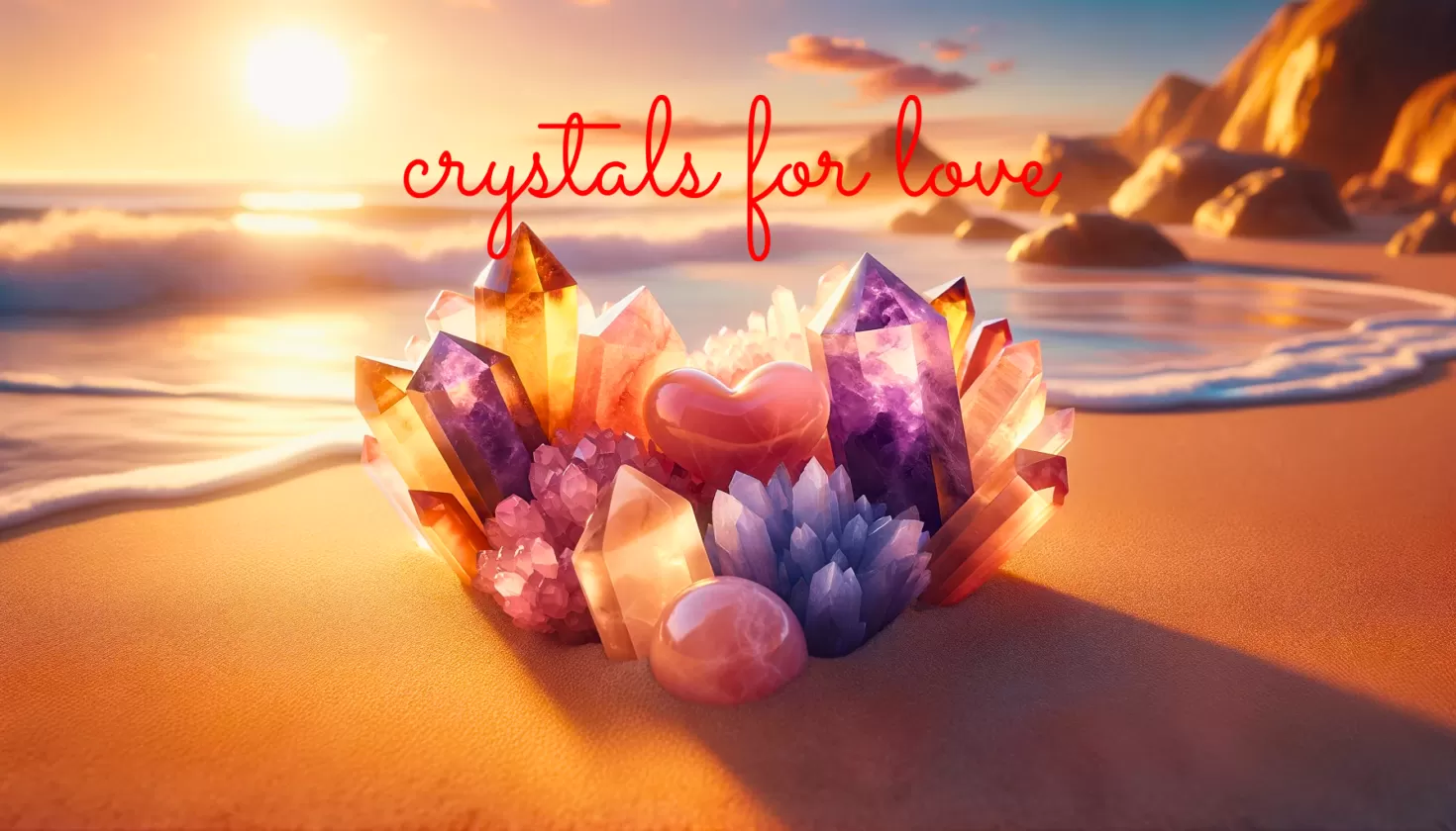 Heart-shaped arrangement of crystals for love on a serene beach, embodying romance and spiritual connection