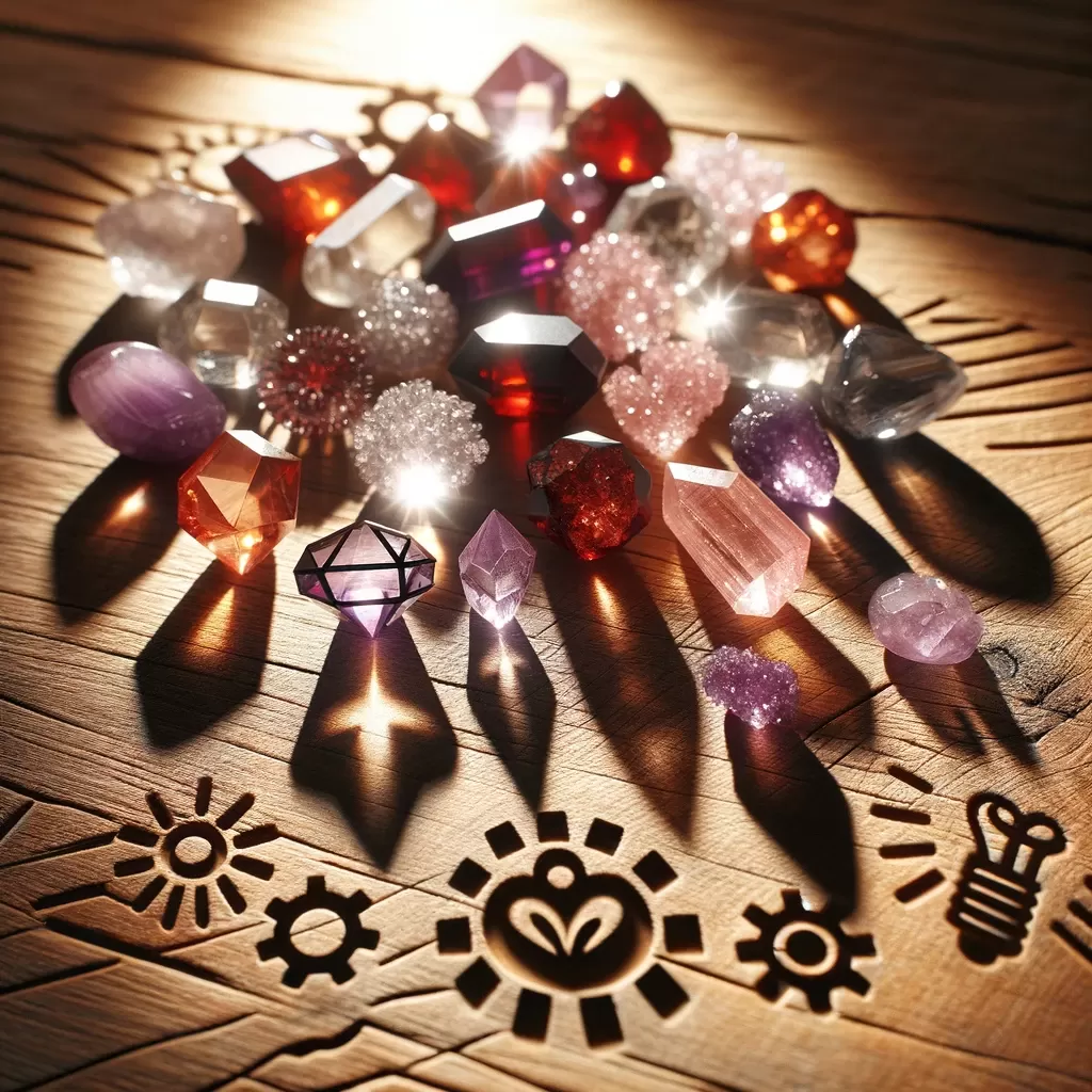 Photo of an assortment of radiant crystals on a wooden surface, each casting a unique shadow that outlines symbols of productivity like gears and light bulbs.