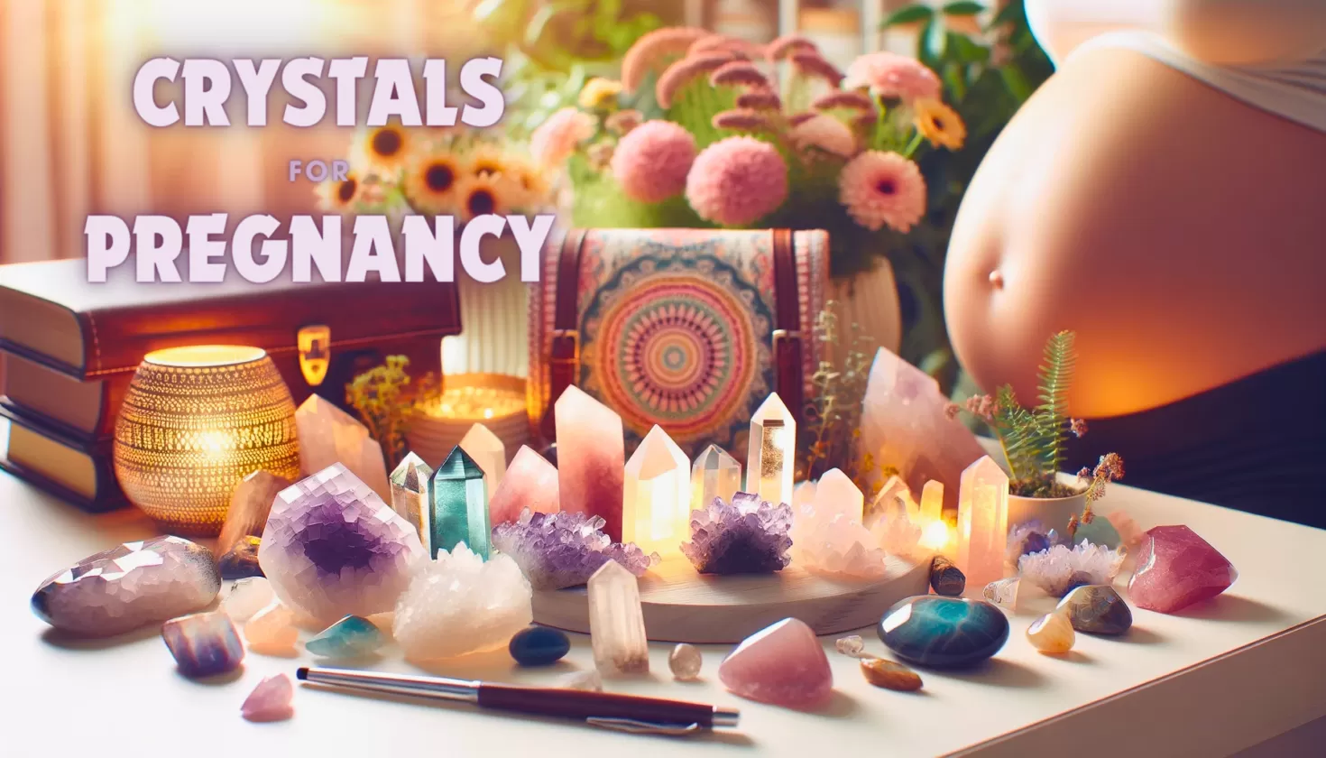 Vibrant and colorful array of healing crystals for pregnancy, artfully arranged with pregnancy-related items, emitting a sense of joy and well-being, featured image