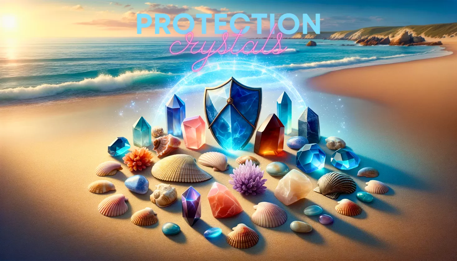 Healing crystals for protection, including sapphire and garnet, on a beach symbolizing safety and defense