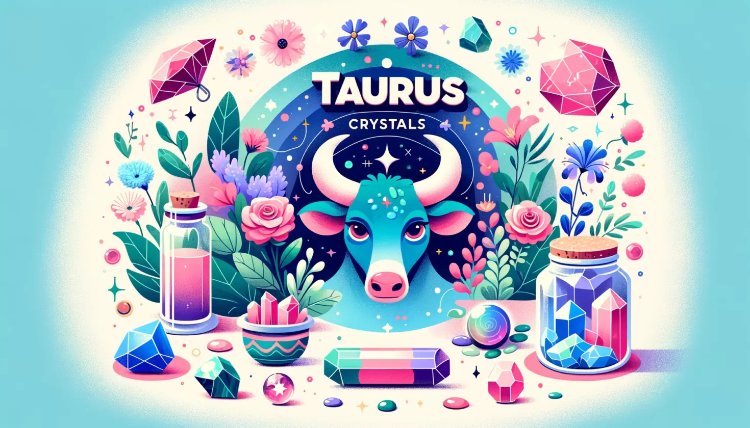 Animated Taurus Zodiac Traits with Rose Quartz, Emerald, Lapis Lazuli Crystals - Vibrant and Engaging