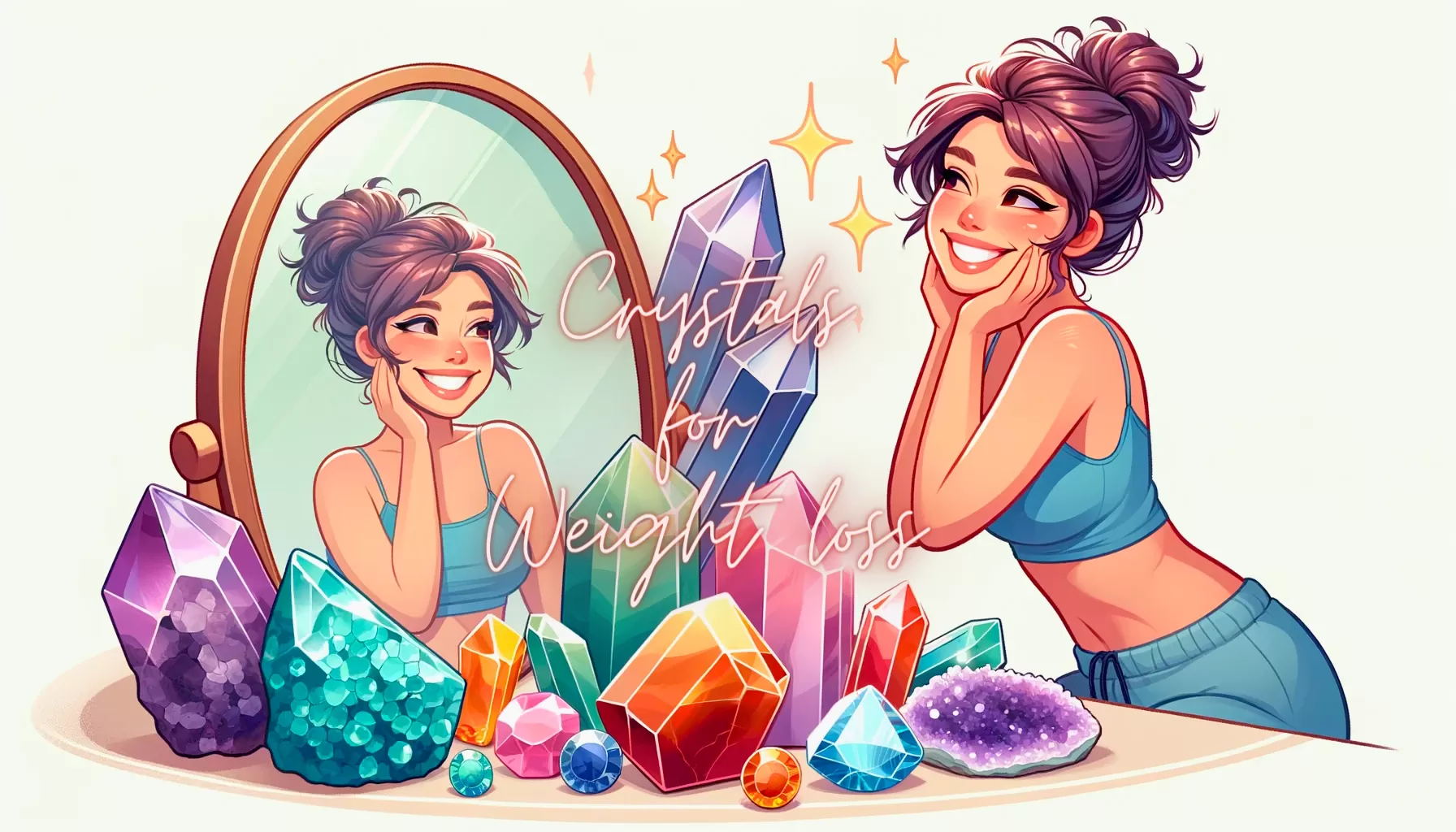 Animated image of a happy woman looking in a mirror with crystals for weight loss, symbolizing confidence and positive body image