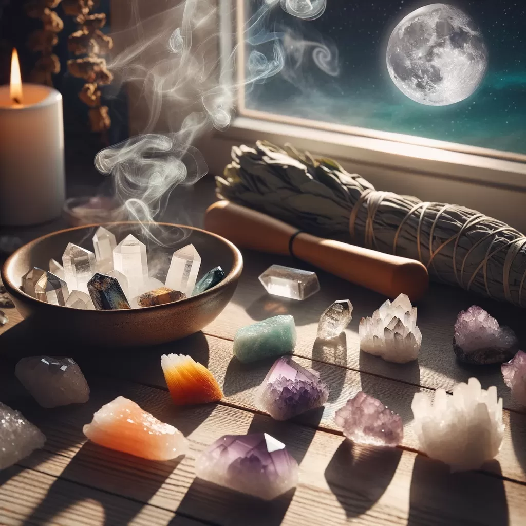 Photo of various crystals laid out on a windowsill, basking in the moonlight.