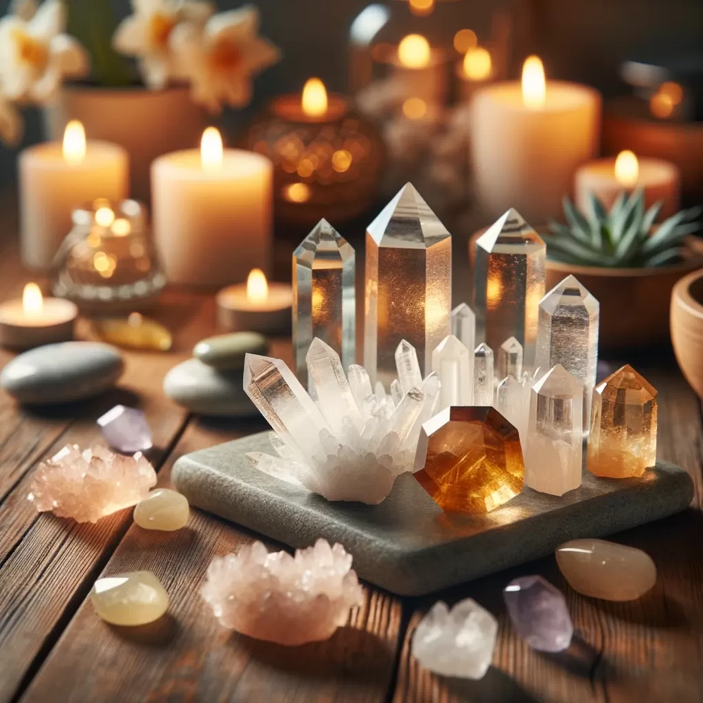 Photo of clear quartz and citrine crystals beautifully arranged on a wooden table, with other various crystals placed nearby to receive their energy.