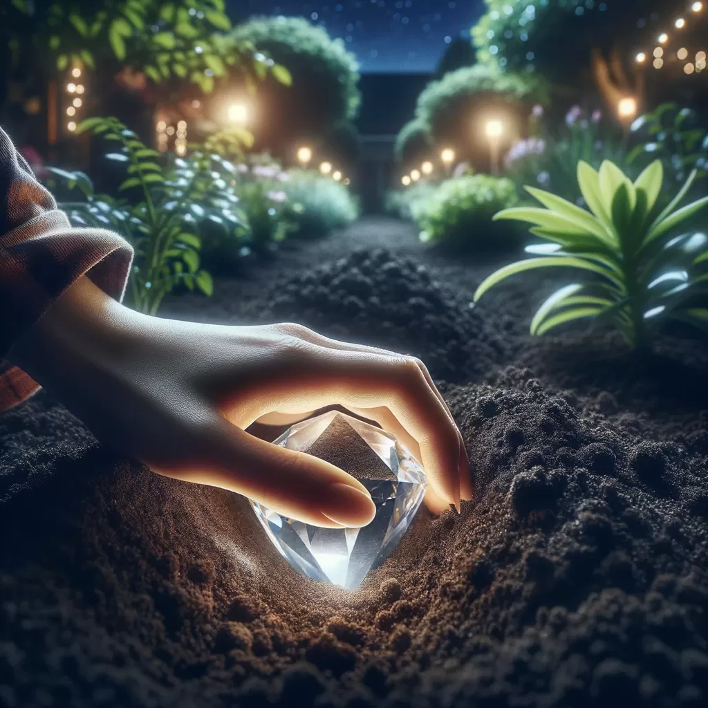 Charge your Crystals: Photo of a garden at night, with a close-up of a hand burying a shiny crystal beneath the soil.