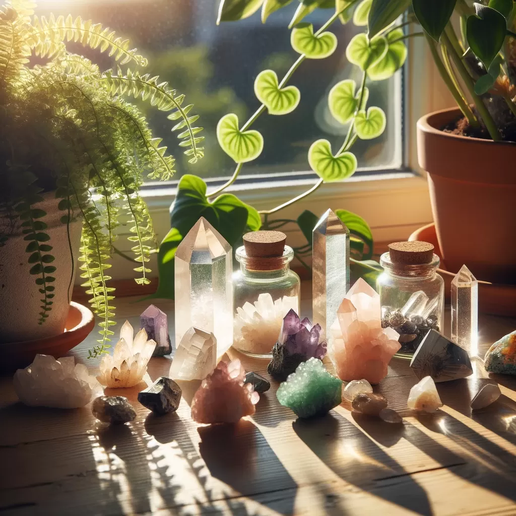 Charge your Crystals: Photo of various crystals placed on a sunlit windowsill with green plants nearby.
