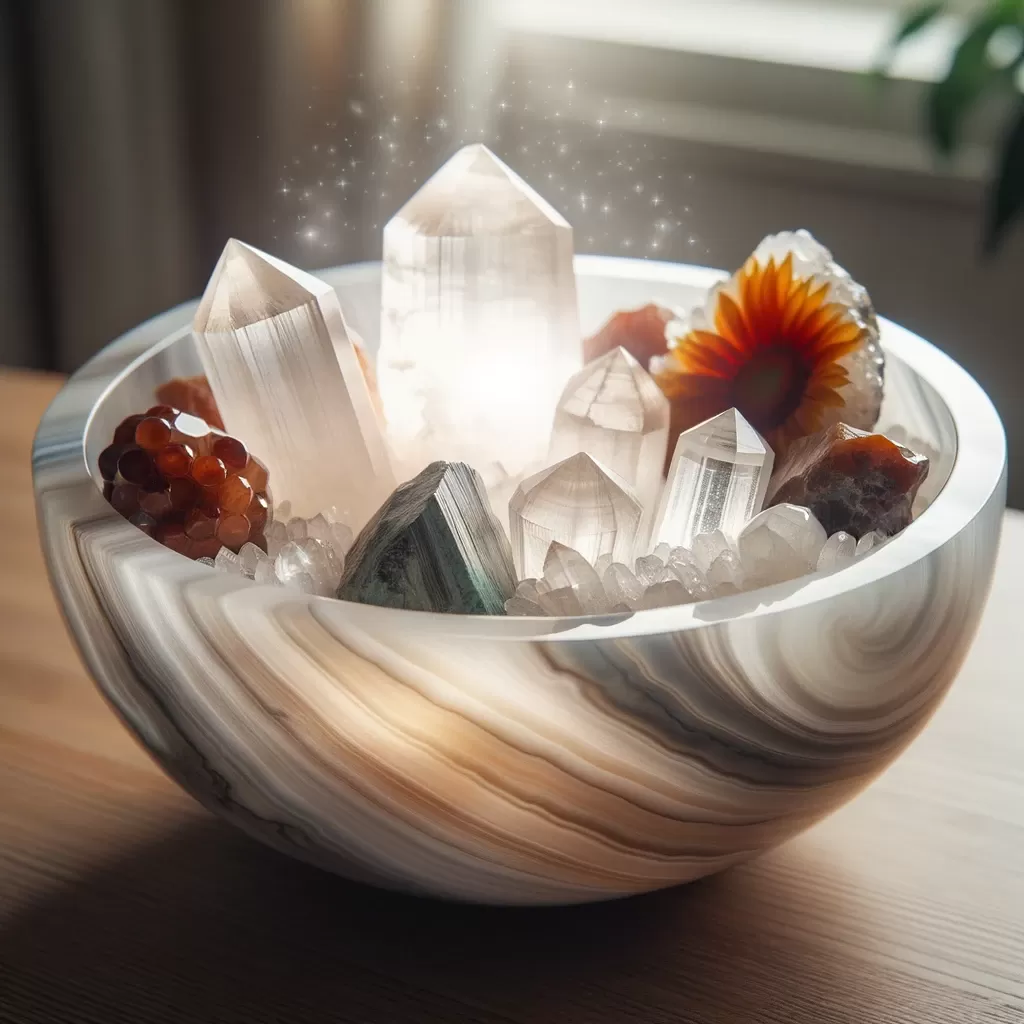 Charge your Crystals: Photo of a selenite bowl on a table, with crystals like jasper and carnelian resting inside.