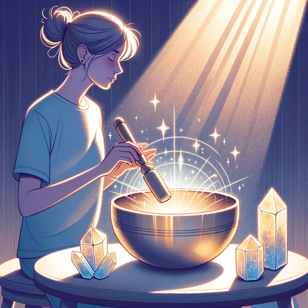 Illustration of a person playing a singing bowl in a dimly lit room.