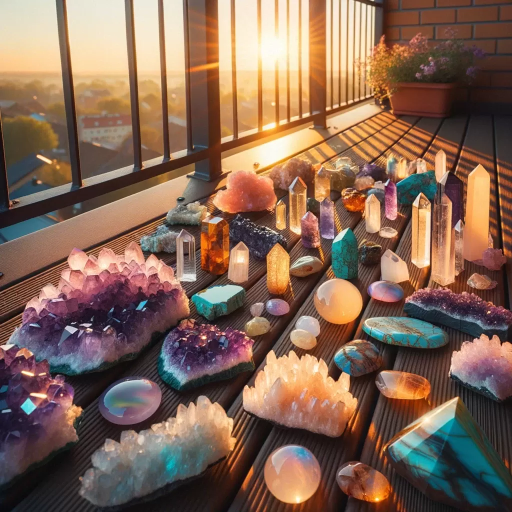 Charge your Crystals: Photo of a balcony during sunrise sunlight with various crystals like amethyst and turquoise spread out, soaking up the golden rays.