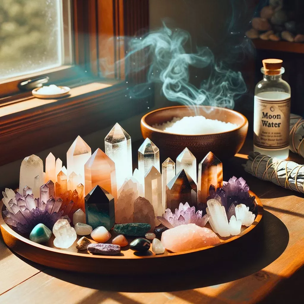 Photo of a serene room setup with a centerpiece of various crystals arranged neatly on a tray.
