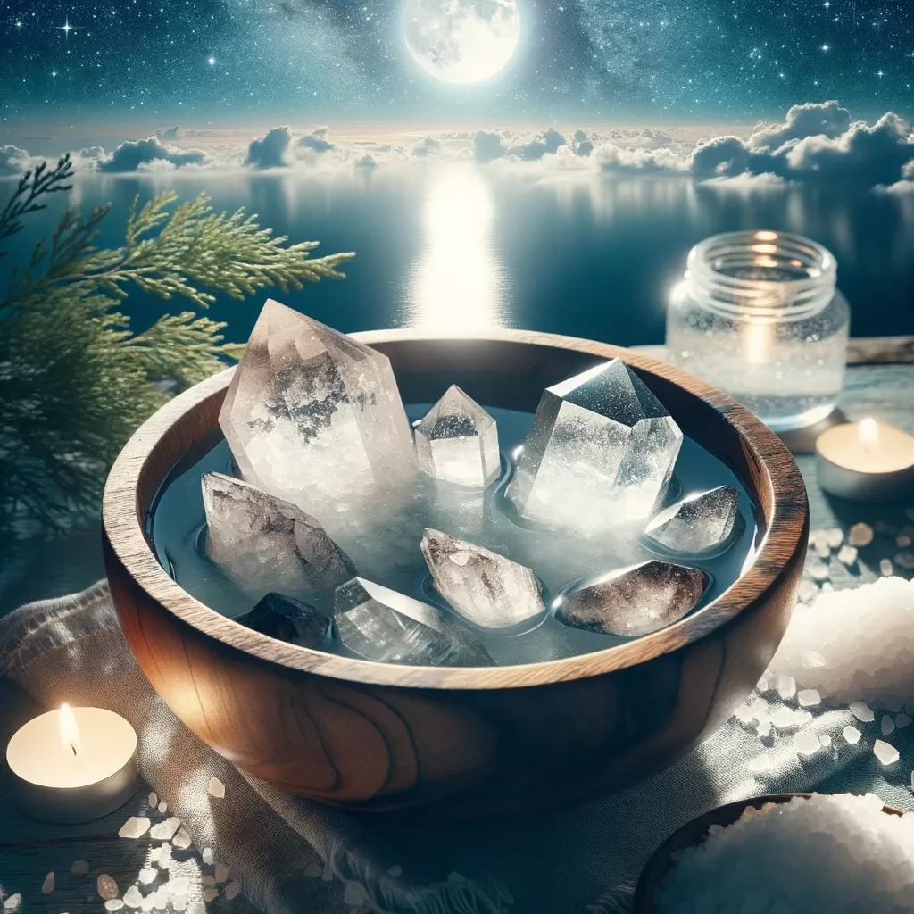 Charge your Crystals: Photo of a serene setting with multiple crystals submerged in a clear bowl of water with sea salt sprinkled in.