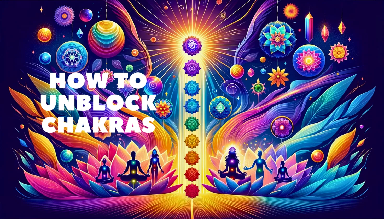 Visual guide on how to unblock chakras, featuring symbols of the seven energy centers and healing techniques