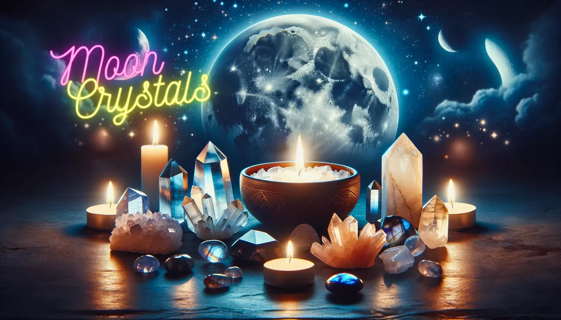 Moon Crystals like Moonstone, Selenite, and Labradorite Illuminated by Moonlight in a Playful, Night-time Scene