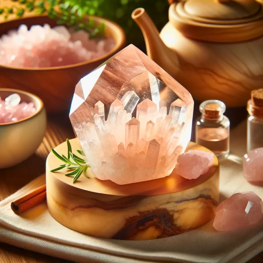 Aesthetically pleasing picture of a Rose Quartz Crystal, glass and teapot nearby