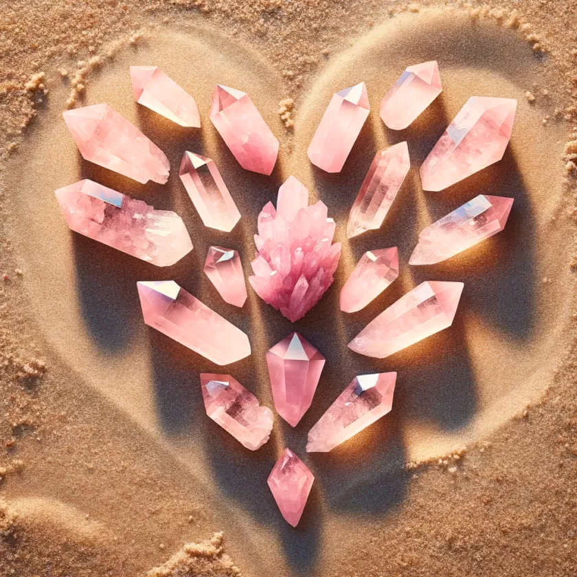 Rose Quartz Heart: Crystals in the shape of a heart on a beach, aesthetics.