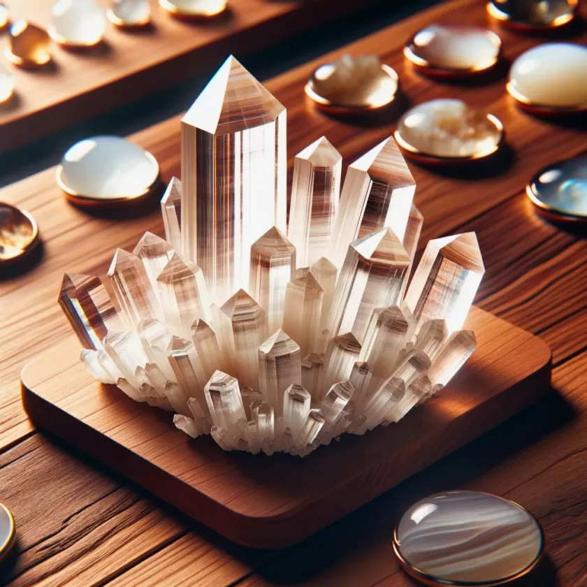 Selenite crystals on a table, raising intuition and helping the area become cleansed
