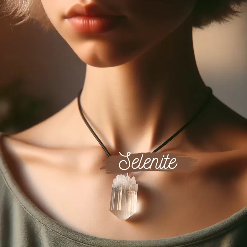 Close up of person wearing a selenite necklace, jewelry, present