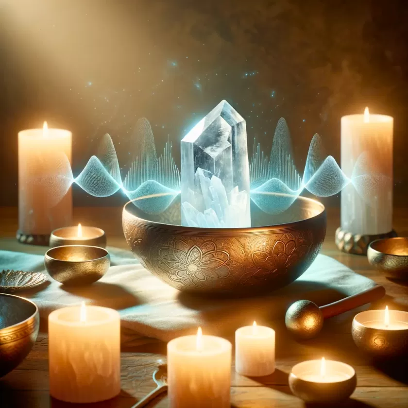 Selenite in a bowl for a sound bath, peace zen area in the world