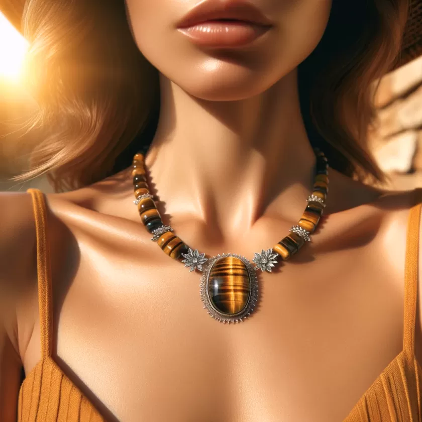Tigers Eye Meaning: Person with Tigers Eye Jewelry on showcasing it's healing properties and benefits.