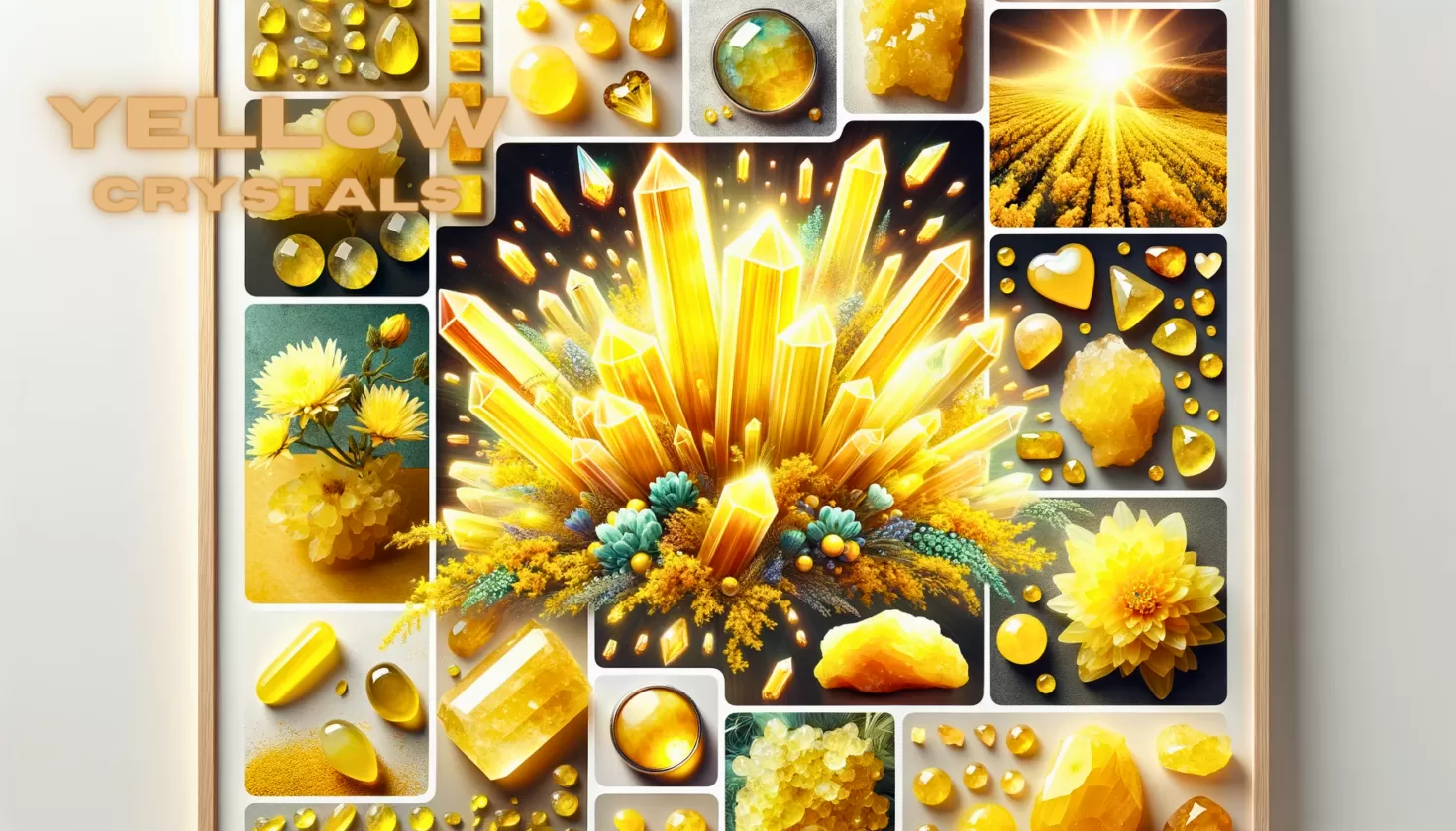Diverse array of yellow crystals and gemstones radiating sunny energy, fostering creativity, and inspiring positivity