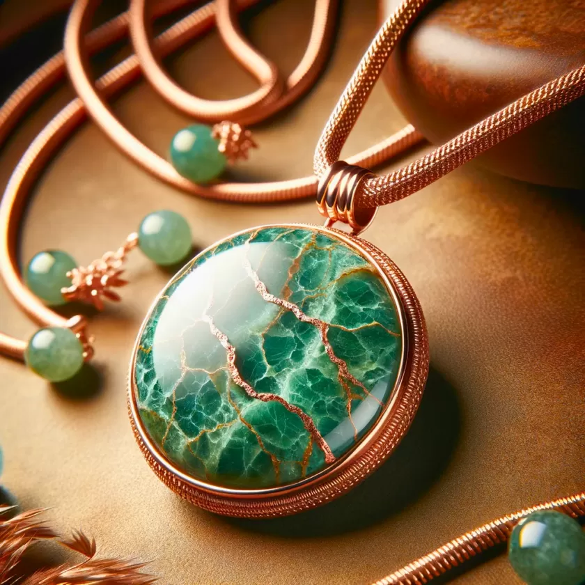 A polished Aventurine necklace on a table.
