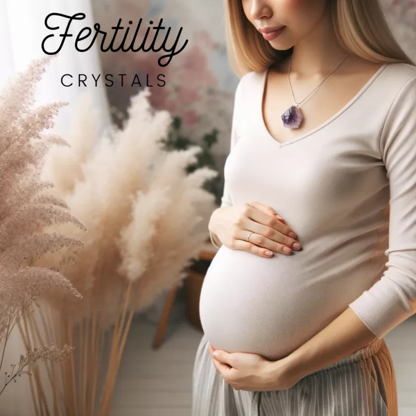 A pregnant women, showcasing benefits, wearing amethyst necklace