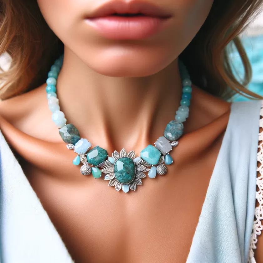 Person wearing amazonite necklace