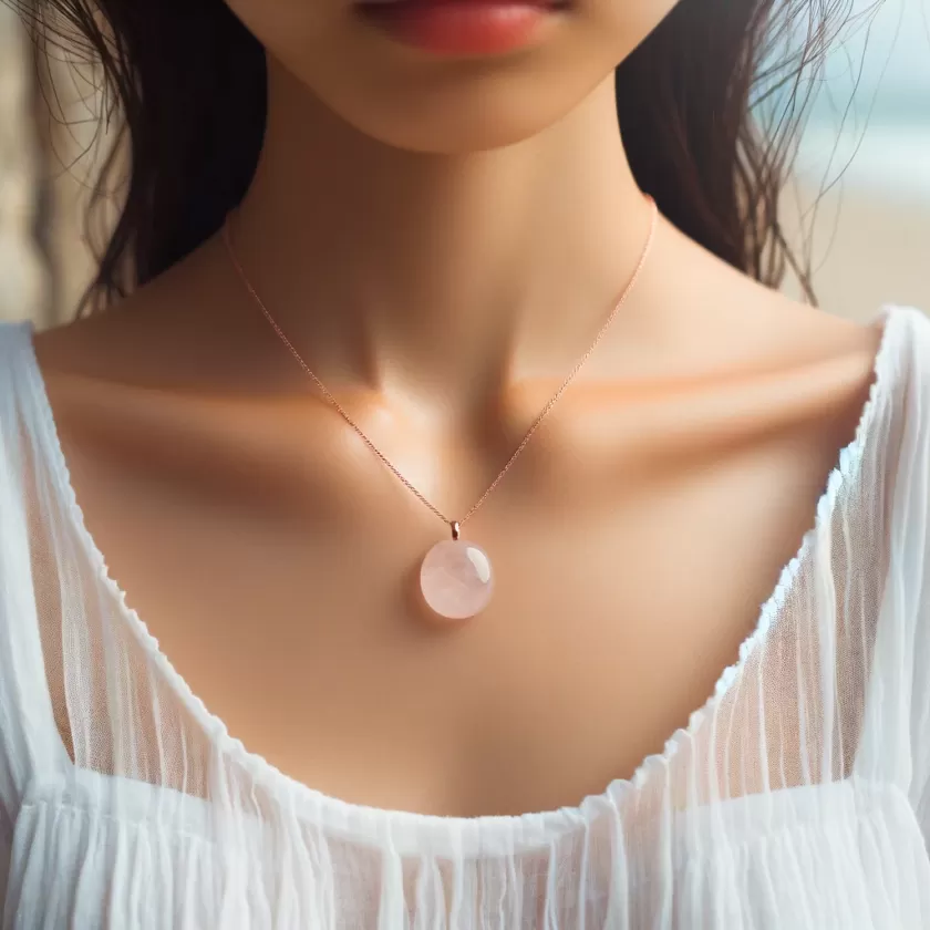 Close up Person wearing rose quartz jewelry