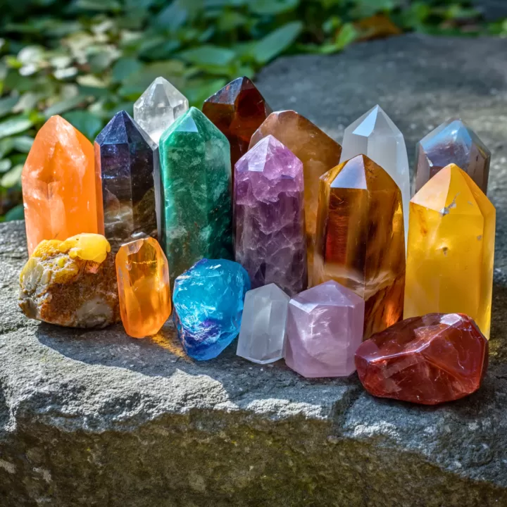 Crystals and gemstones near each other outside