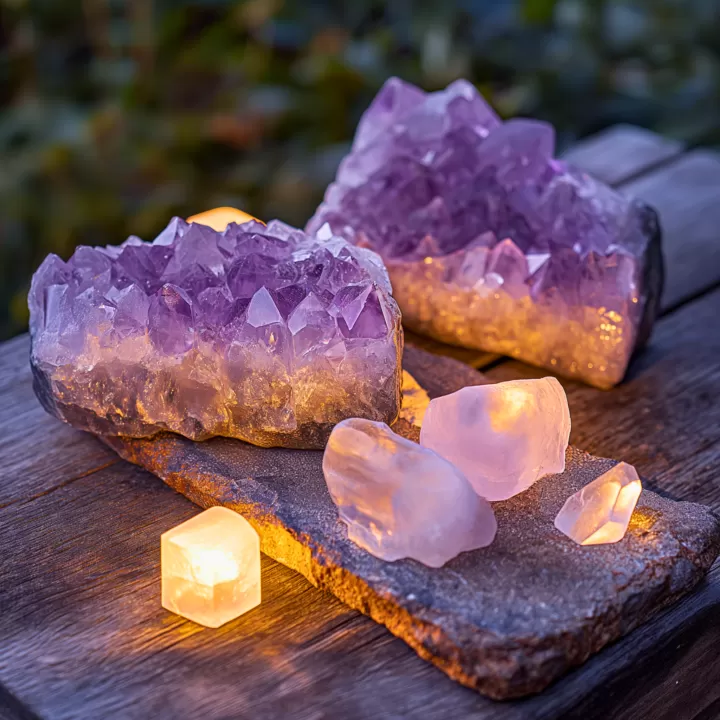Amethyst and Selenite on a table
