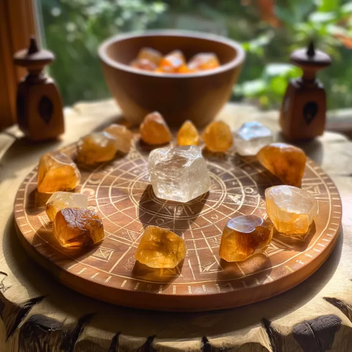 Orange Gemstones on a crystal grid