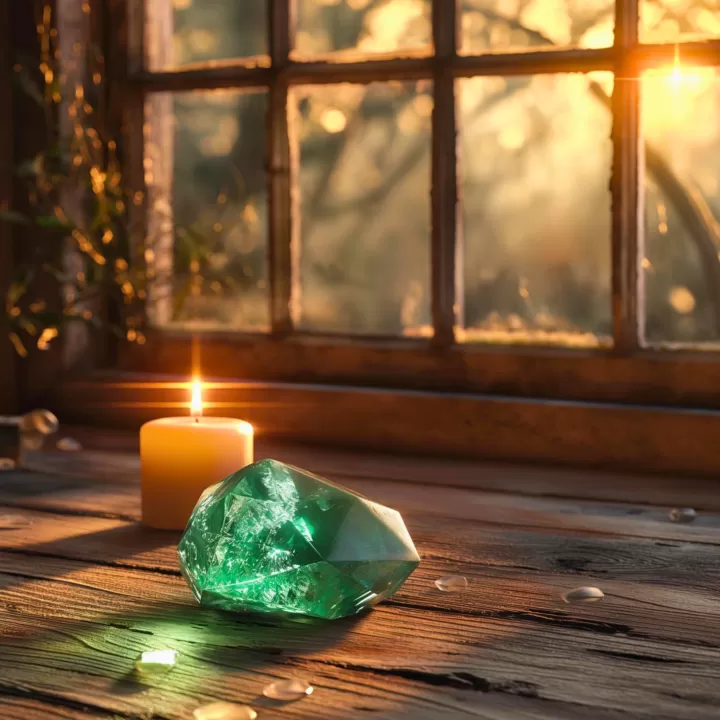 Green Crystal with a Candle in a Home
