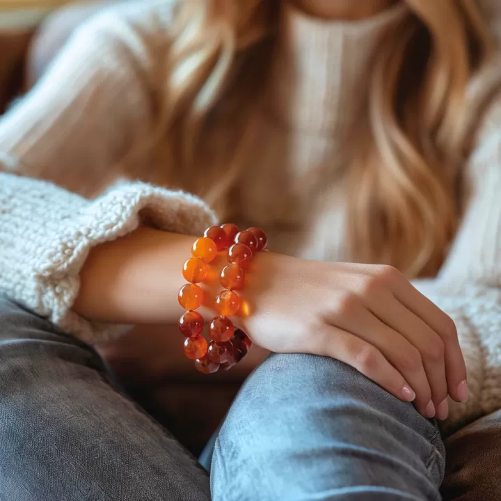 Person wearing Sacral Chakra Gemstone on her body.
